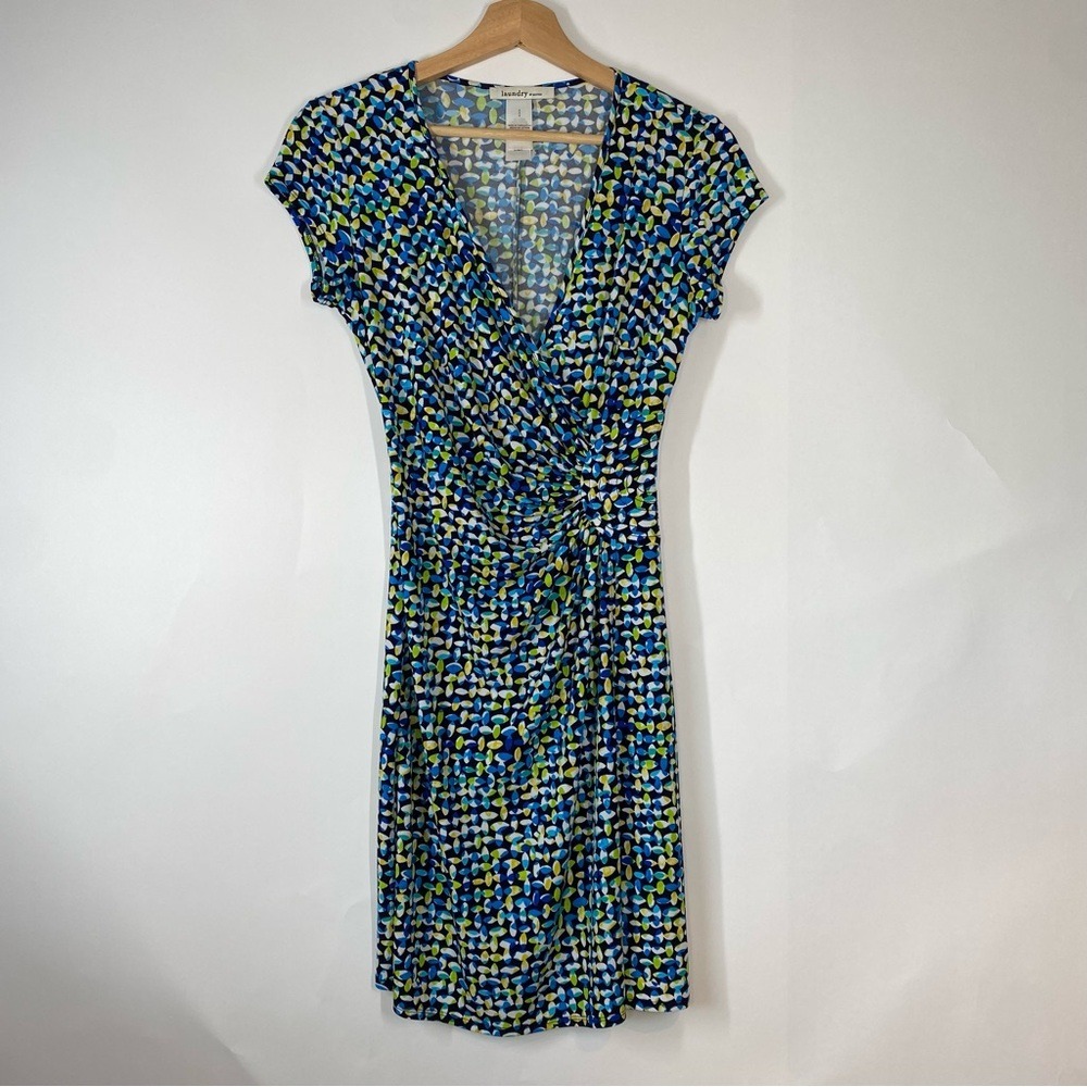 Laundry By Design Abstract V-Neck Ruched Waist Short Sleeve Dress Sz 2 Whimsical